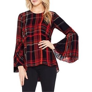 Vince Camuto Red and Black Plaid Bell Sleeve Blouse